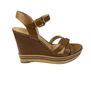 Antonio Melani Womens Blondee Wedge Sandals Brown Gold-tone Chain Accent Leather